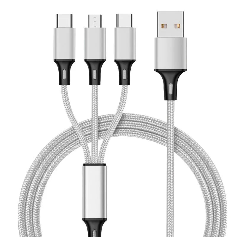 Three-in-one 1.2 metre charging cable with nylon braiding in multiple colour options