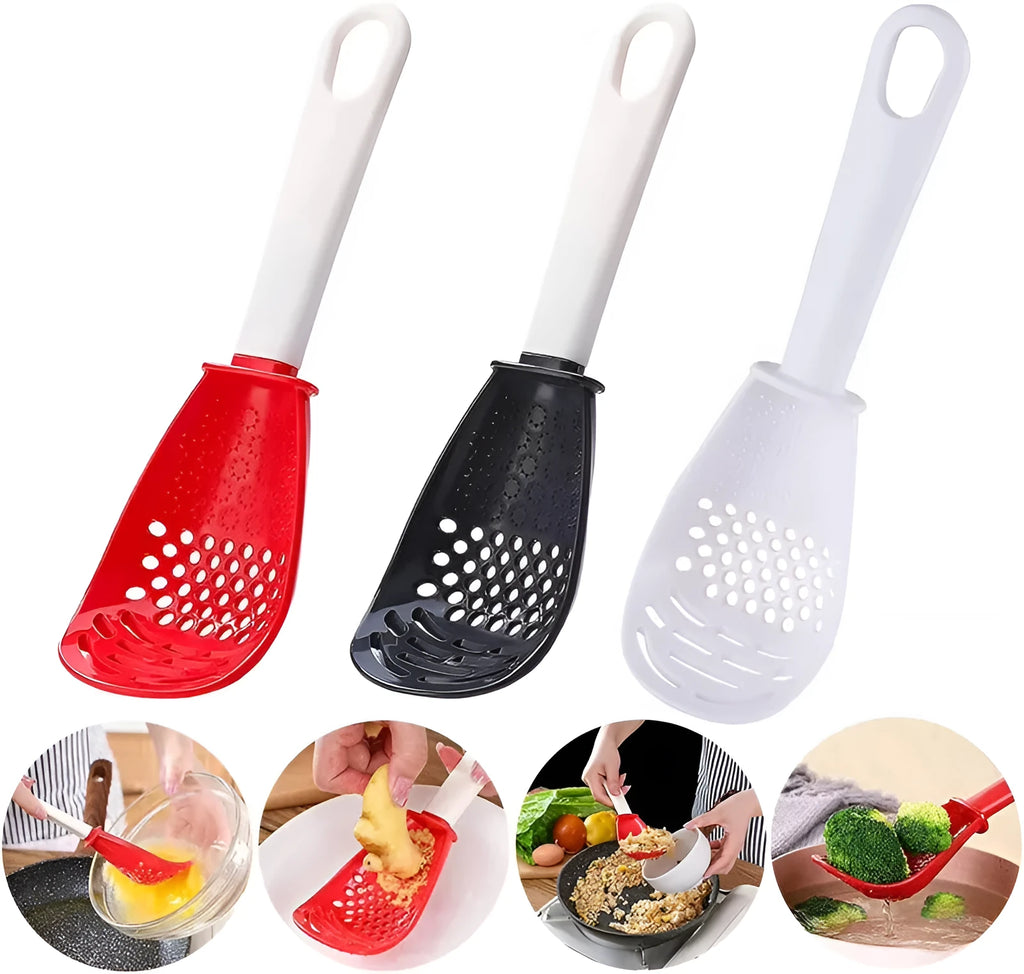 Red plastic multifunctional slotted spoon with half-enclosed head and convex serrations for cooking tasks
