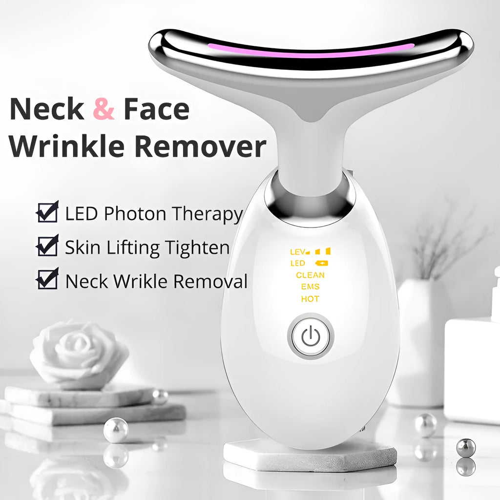 Handheld EMS thermal neck massager with LED lights for facial skincare and wrinkle reduction.