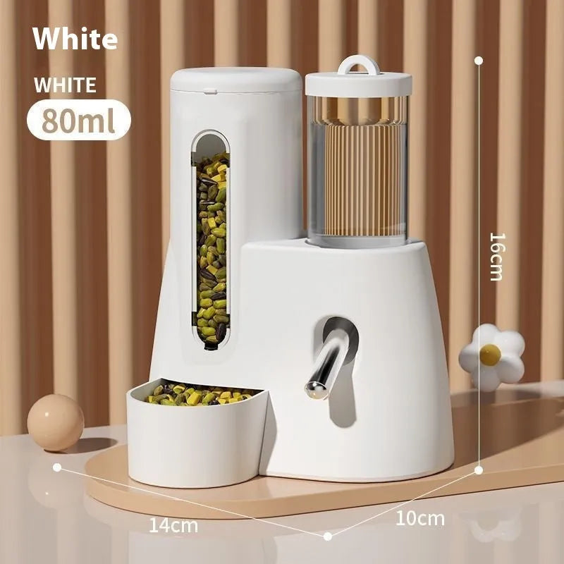 White automatic drinking water feeder with attached food bowl for hamsters, shown next to blue and pink colour options.