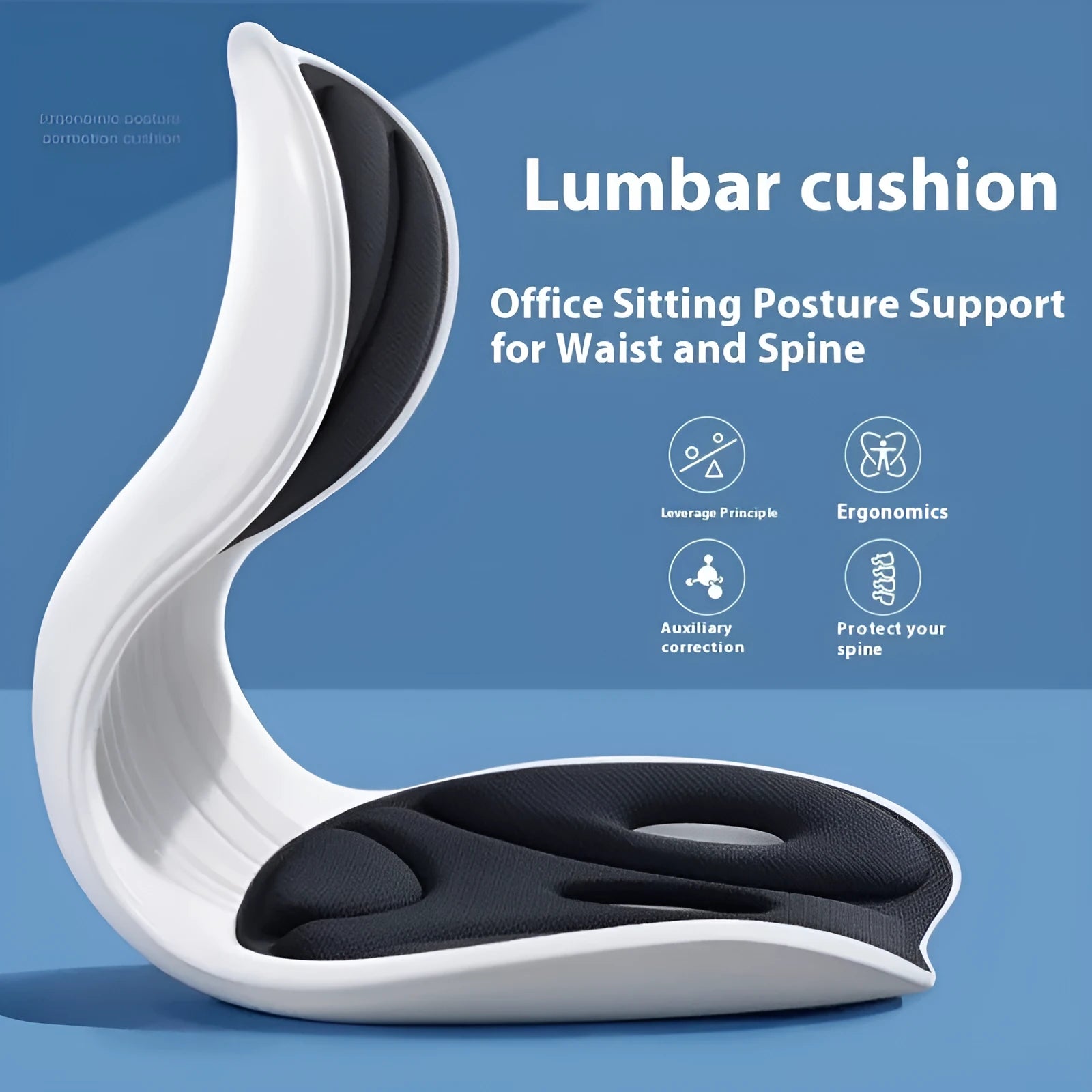Black memory foam chair backrest cushion with a white fixing strap, shown on an office chair.