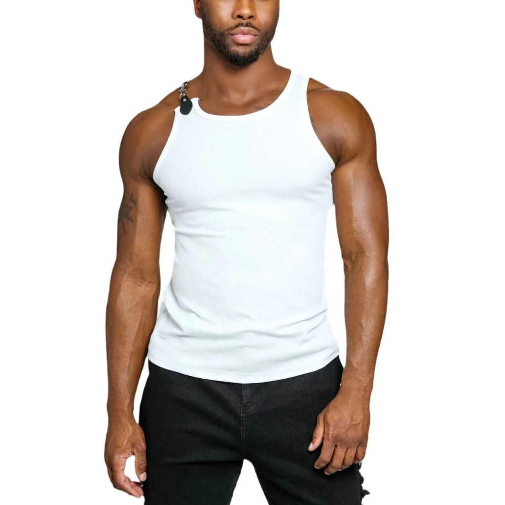 A solid black or white sleeveless cotton blend vest on a hanger, showing its tight-fit style.