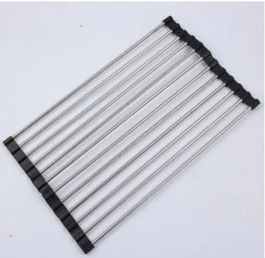 Folding stainless steel kitchen sink drain rack with coloured PP plastic tubes in collapsed and expanded positions