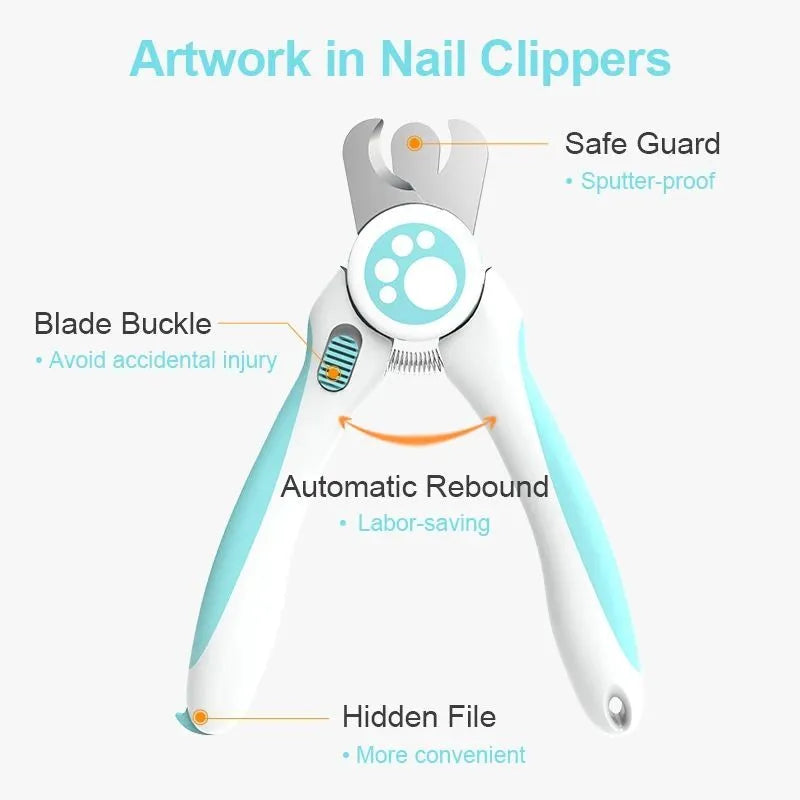 Blue and white professional pet nail clipper with safety lock and nail file for dogs and cats.