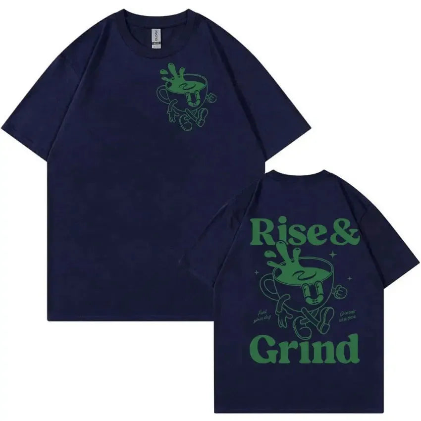 Loose fit linen t-shirt with a cartoon graphic of a green coffee bag and 'Rise And Grind' text.