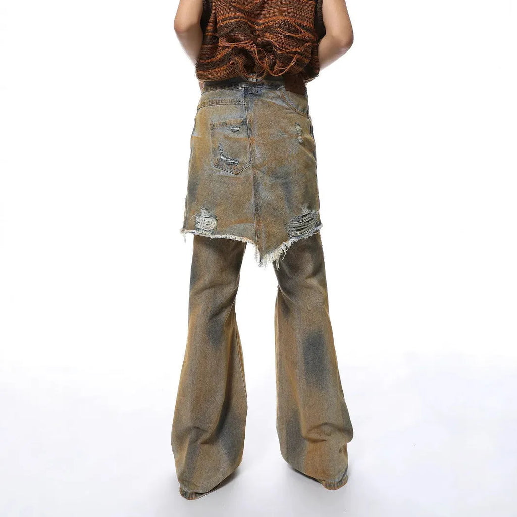 American Street loose hole bootcut trousers in denim, showing high waist, straight leg, and button fly detail.