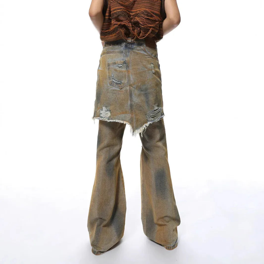 American Street loose hole bootcut trousers in denim, showing high waist, straight leg, and button fly detail.