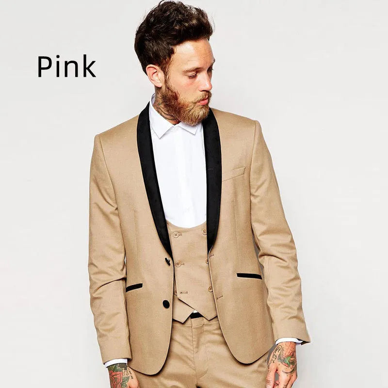 Men's three piece cotton suit set in slim fit with single button jacket and vest in green colour
