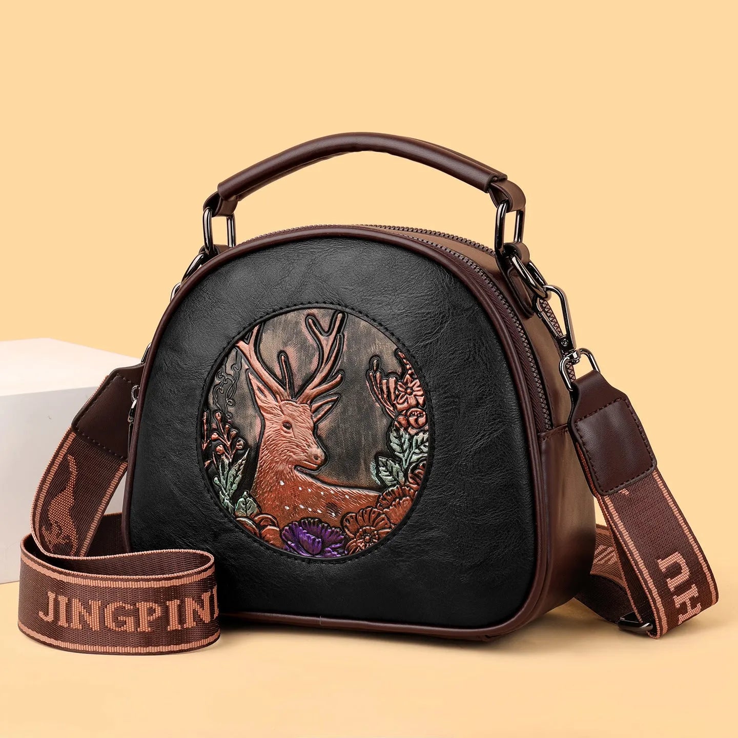 Retro embossing large capacity women's handbag with chain and plaid, horizontal square shape, black colour option