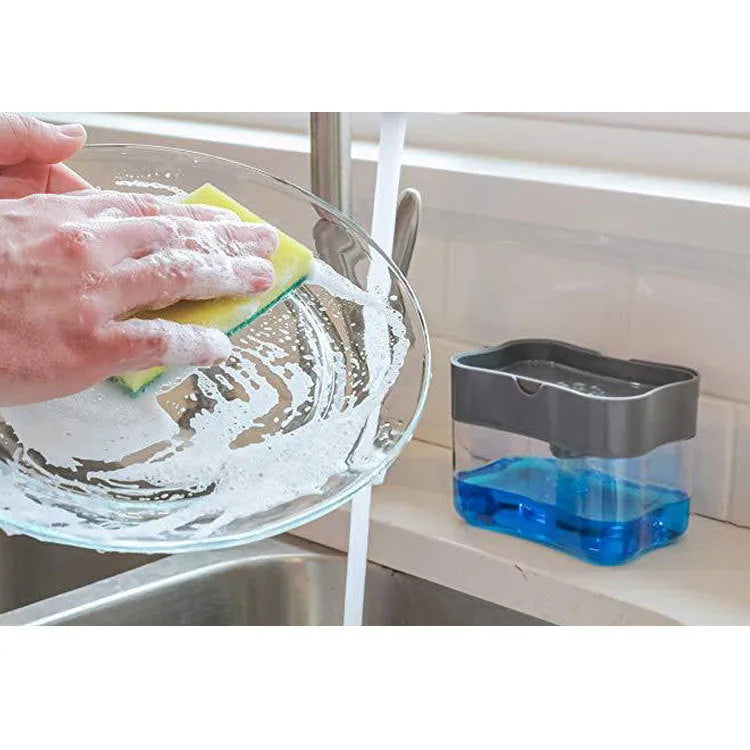 Grey plastic kitchen soap dispenser pump bottle on a countertop
