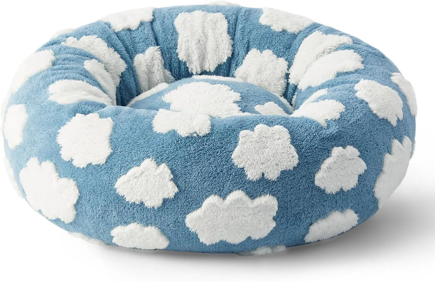 Round plaid dog bed with a raised edge on a plastic base, shown in a sea blue and white colour.