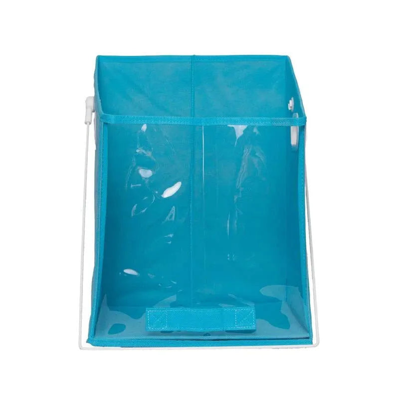 Blue folding storage basket with clear front panel on a wooden shelf, shown next to its folded flat state.