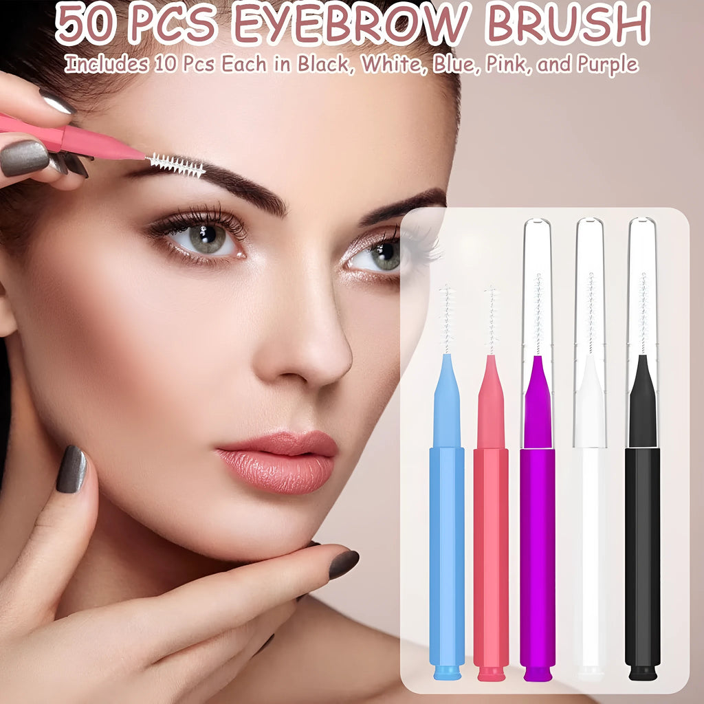 Set of plastic and stainless steel eyebrow and eyelash brushes in black, blue, purple, red, and white with protective caps.