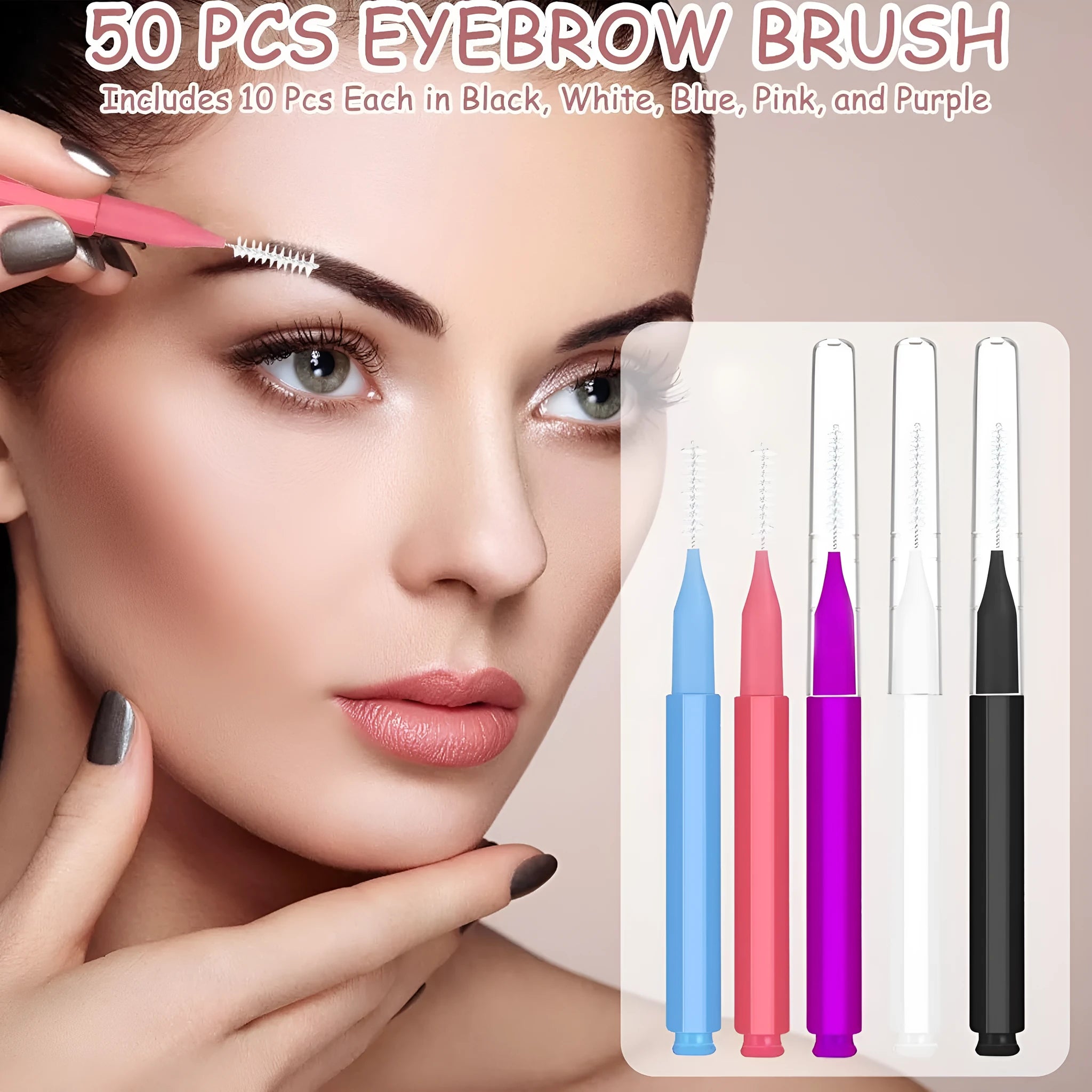 Set of plastic and stainless steel eyebrow and eyelash brushes in black, blue, purple, red, and white with protective caps.
