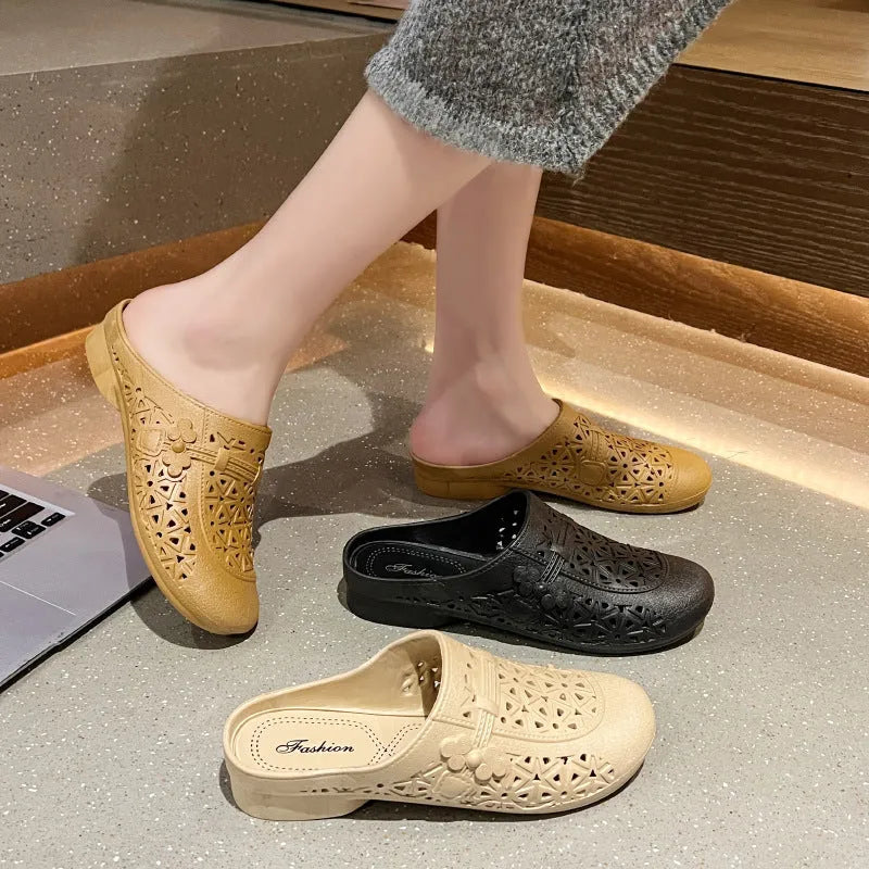 PVC fairy style half slippers with hollow-out design in apricot colour