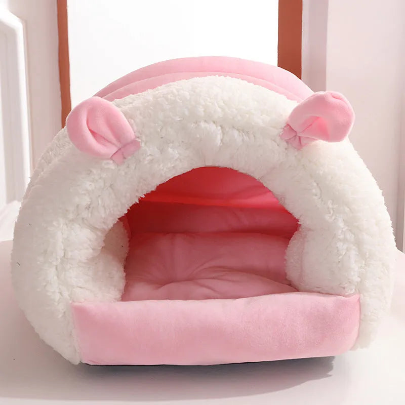 Enclosed washable cat nest shown in blue, pink, and purple colours next to size guide for 30x40cm and 40x50cm.