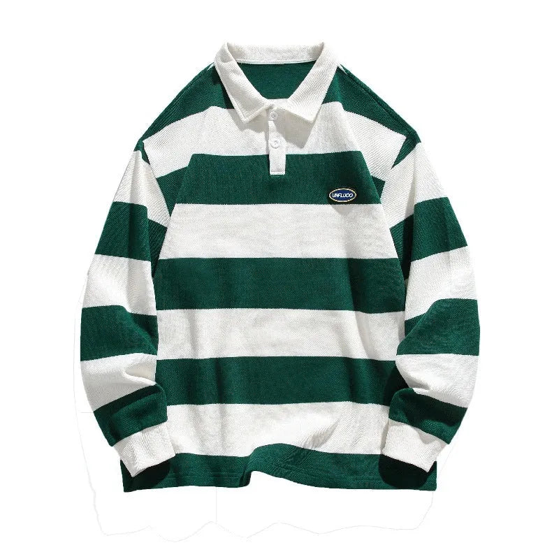 Loose-fit long-sleeve polo shirt with lapel collar and Hong Kong style stripes in pearl cotton.