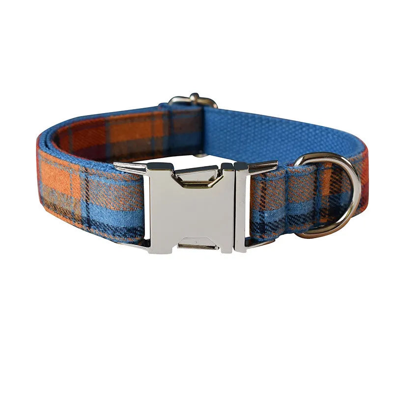 Blue plaid velvet dog collar with alloy buckle and bow decoration on cotton material