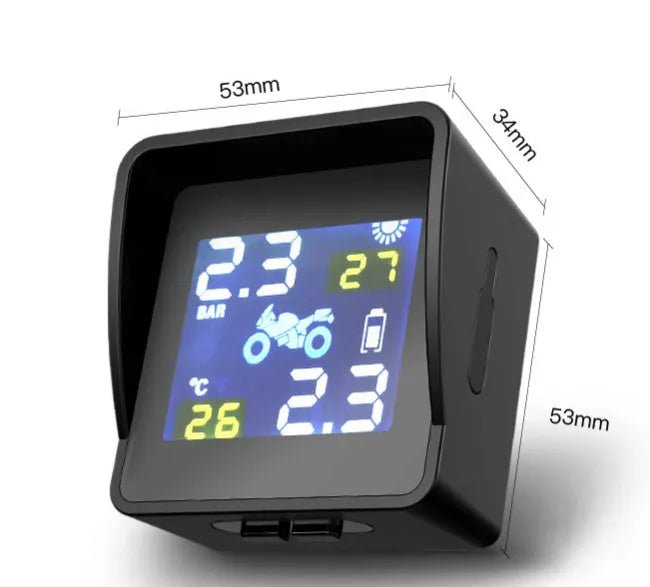 Solar digital tyre pressure monitor for motorcycles, PC material, black, with digital display