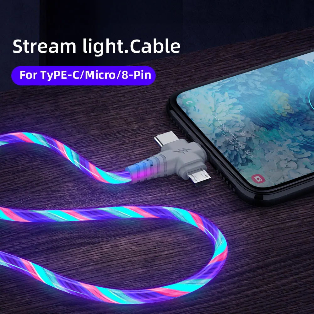 Luminous fast charging cable with aluminium alloy joint and Type C, Micro USB connectors.