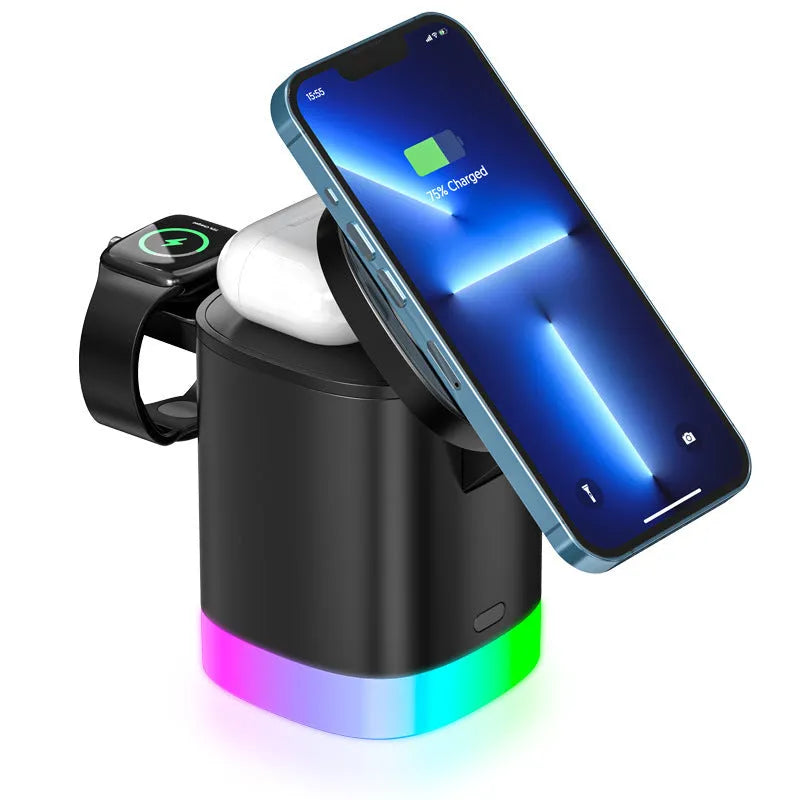 Black and white foldable 3-in-1 magnetic wireless fast charging station for phone, watch and earbuds.