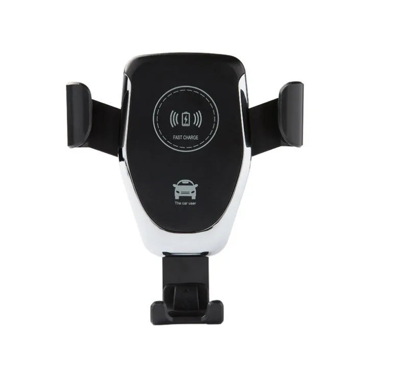 Black car wireless charger mounted on a dashboard, automatically holding an iPhone.