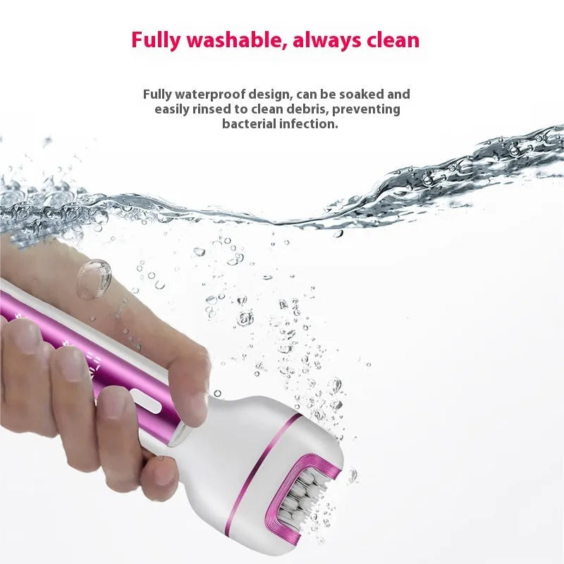 Pink three-in-one electric depilator with plucking head, shaver, foot grinder, and USB charging cable on white background