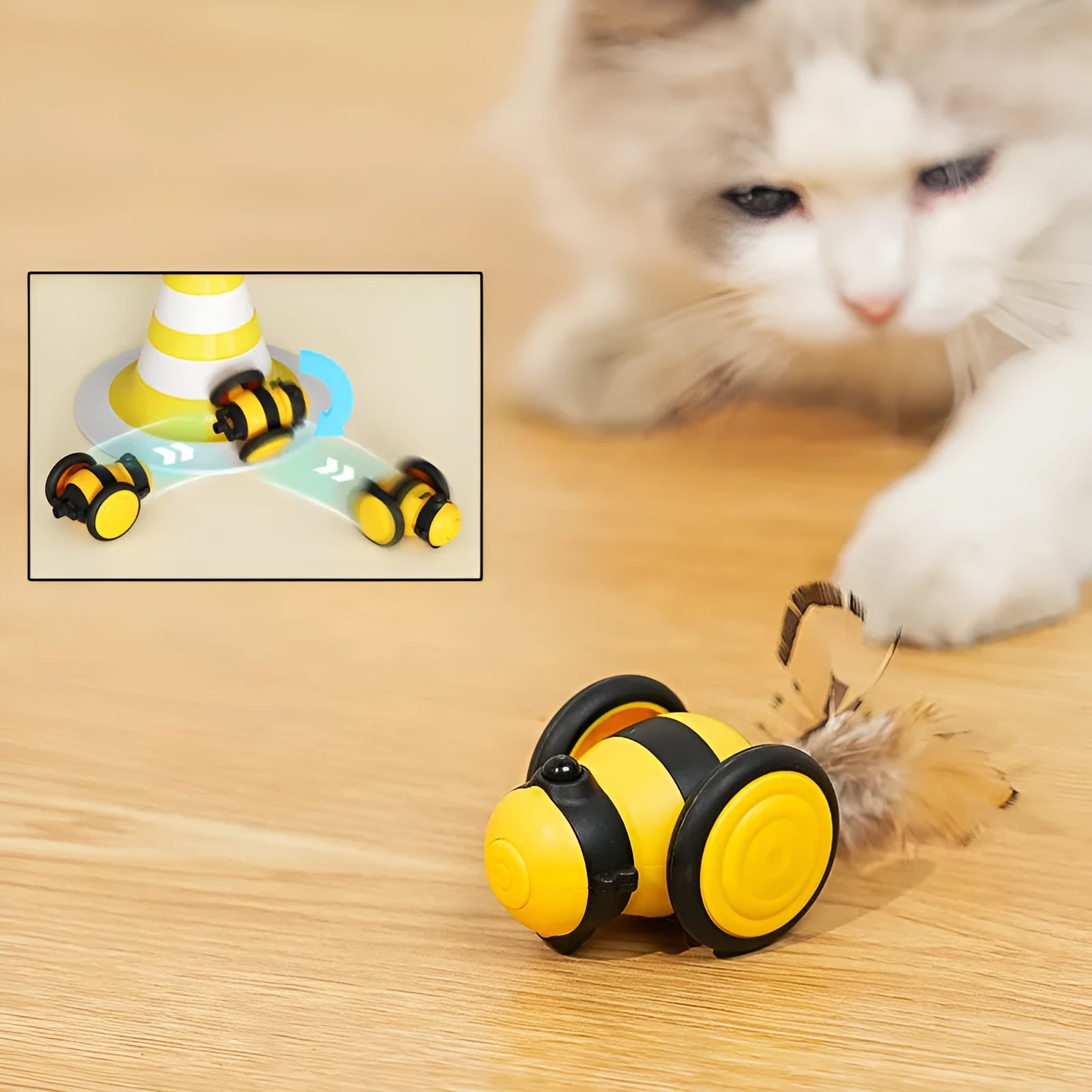 Bee-shaped electric cat car toy with feather teaser stick in pink and yellow colour options