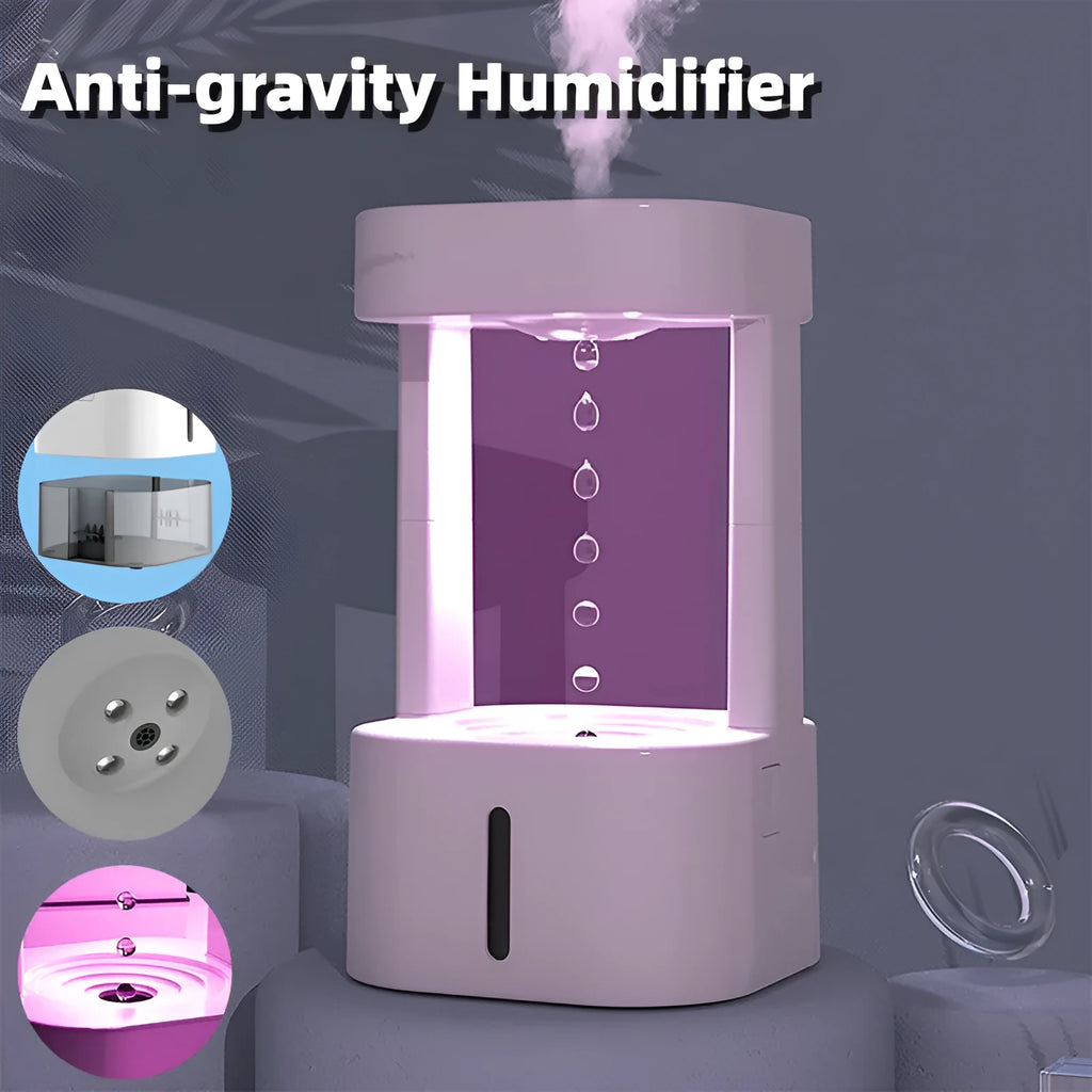 Anti-gravity water drop humidifier with optical illusion water flow and 580ml tank