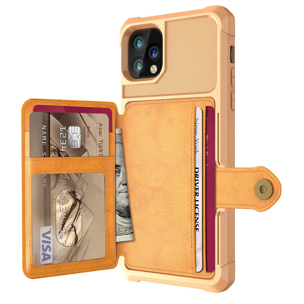 Black imitation leather iPhone back cover case with a slot for holding credit cards.