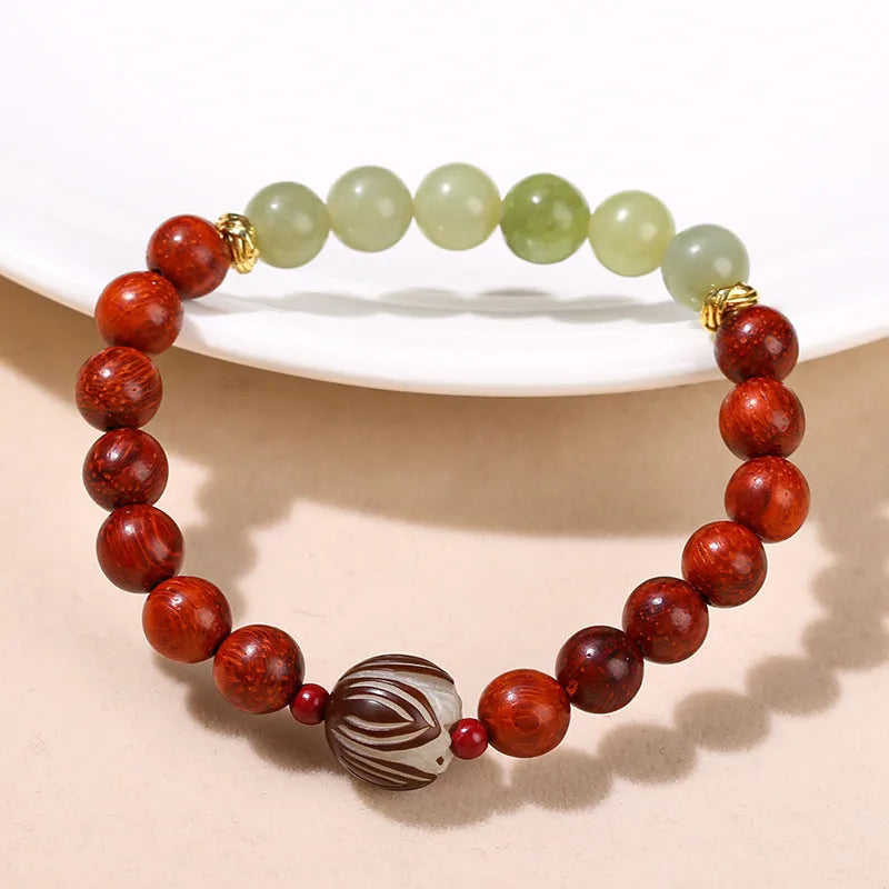 Red rosewood and grey jade women's bracelet with a geometric Bodhi lotus bead in Chinese style.