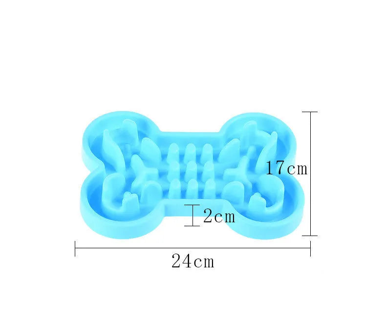 Bone puzzle silicone dog bowl slow feeder in blue with raised ridges for interactive feeding