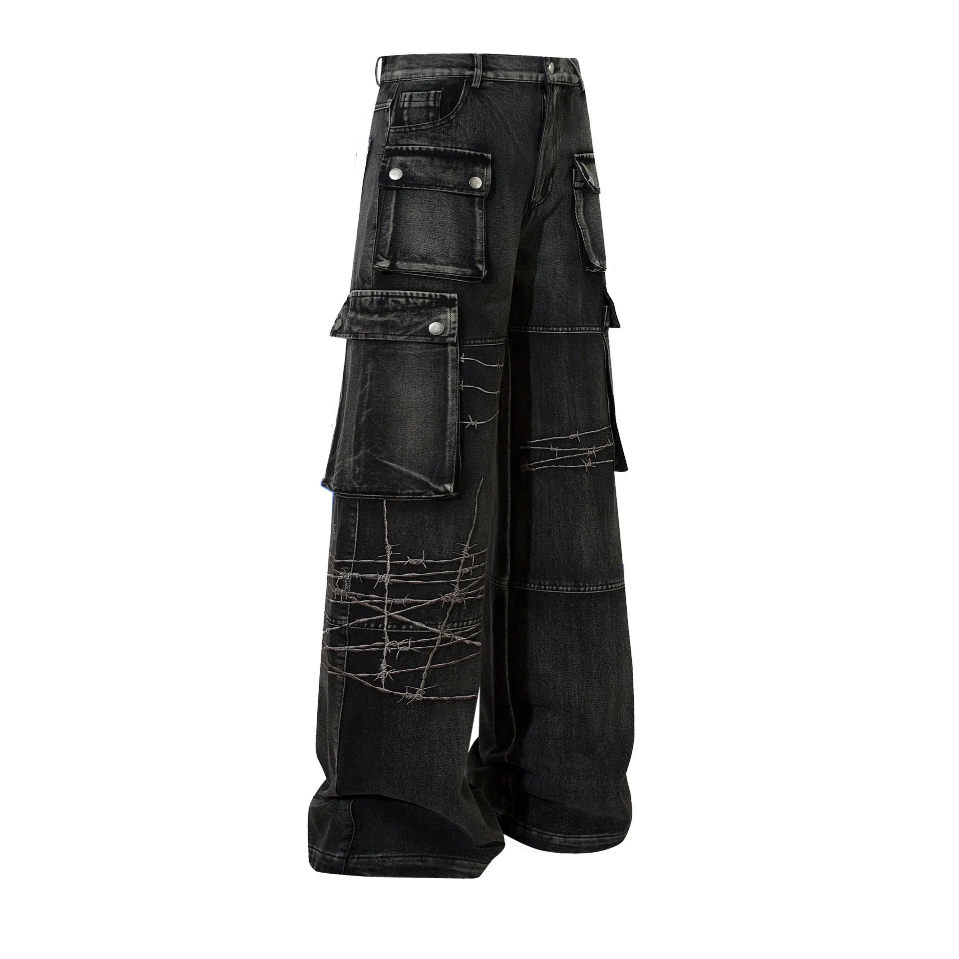 Men's black cotton wide-leg trousers with embroidery detailing and mid waist design