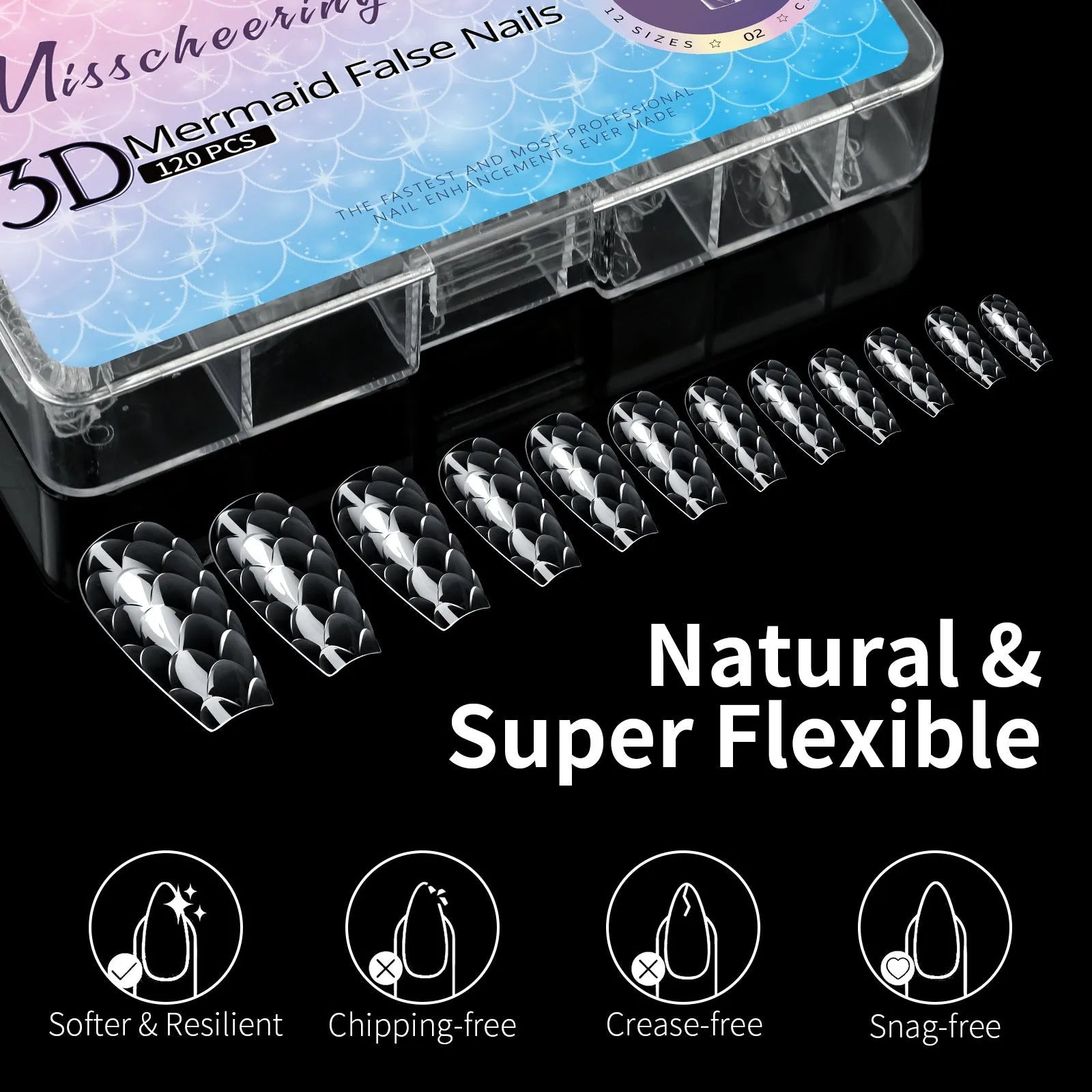 Box of 3D scale long shaping artificial nail tips in one of seven Frigate Box colour options.