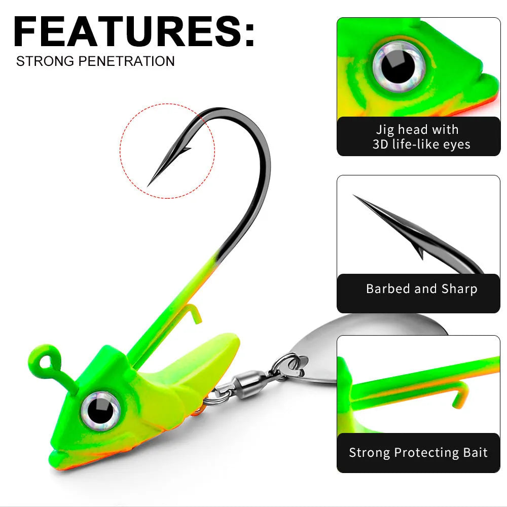 Lead jig hook soft fish counterweight in 7.5g, 10.5g, and 15g, shown in gray Starlight, yellow black, pink, blue, and green