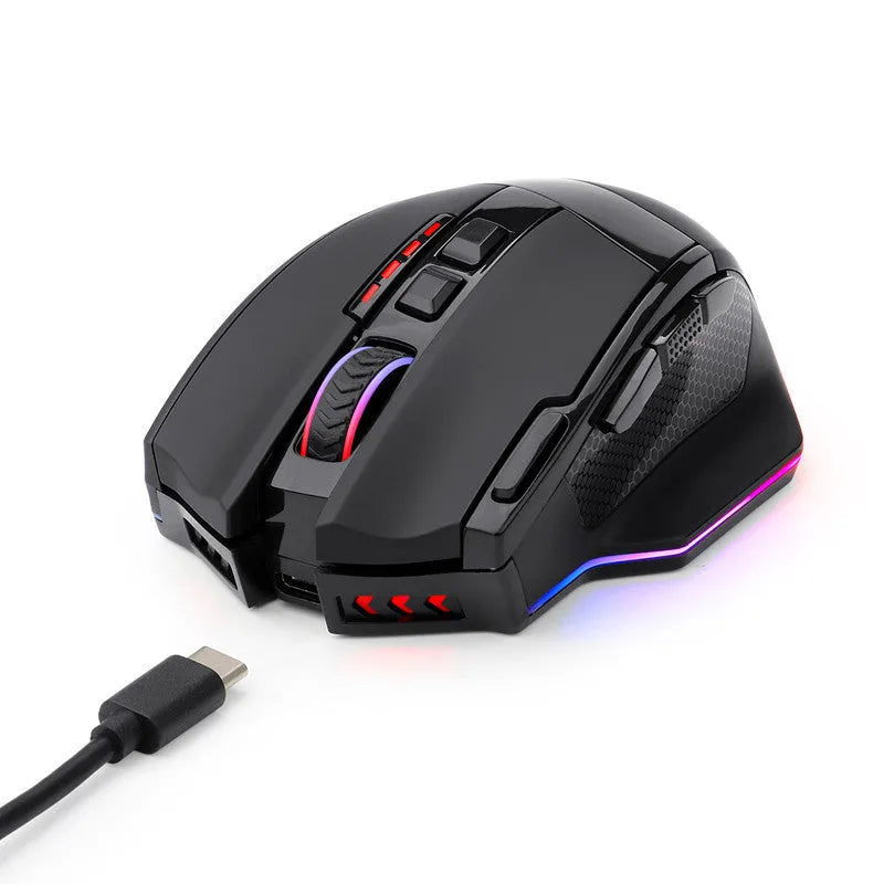 Black Redragon M801P dual-mode wireless and wired gaming mouse with multiple side buttons.