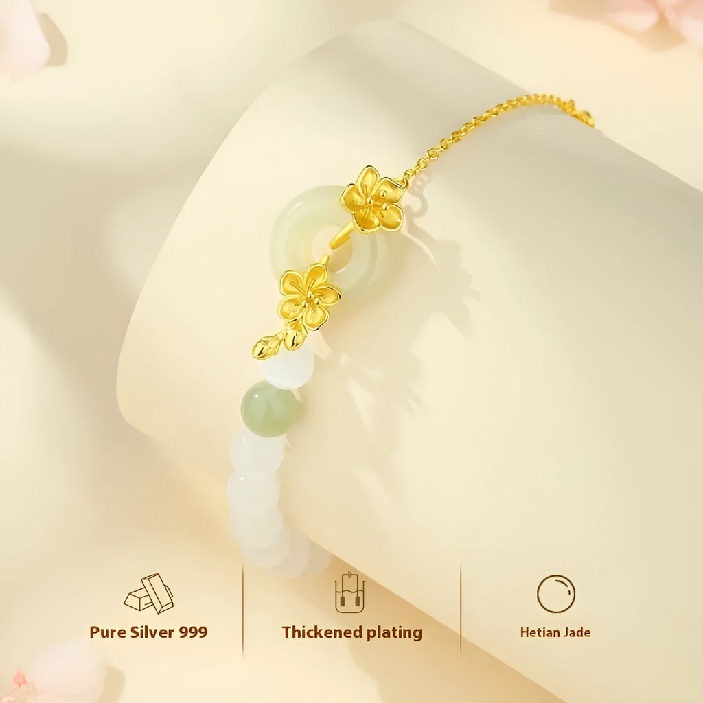 Pure silver peach blossom safety buckle bracelet for women with floral design and peace buckle closure