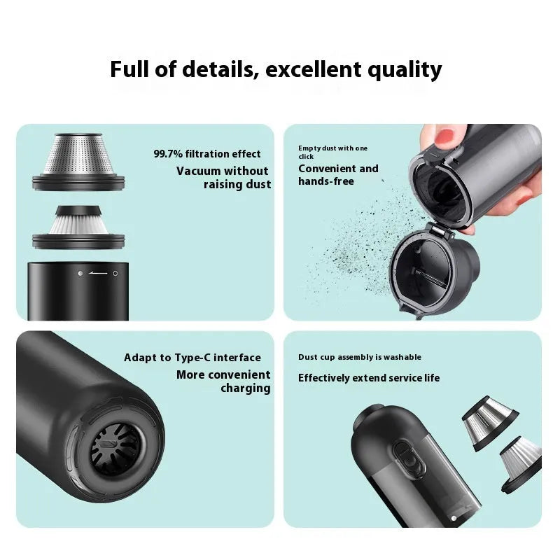 Black handheld wireless cleaner with attachments on a table, 70W rechargeable dust blower for car and home use