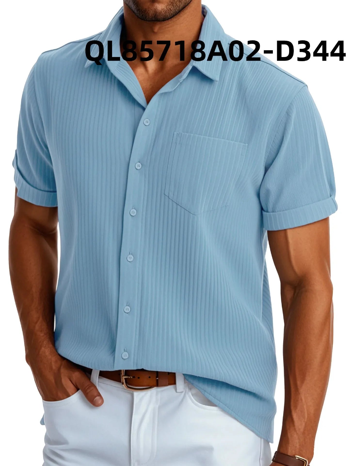 Man wearing a loose-fitting black and white printed short sleeve lapel shirt made of polyester.