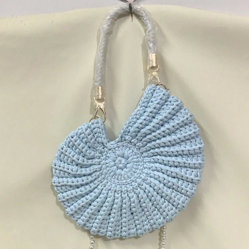Round handmade woven crossbody bag with pearl chain strap, 25x25cm, polyester, multiple colour options