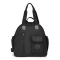 Large black nylon backpack with a front sandwich pocket, shown next to a khaki and a green graphic version.