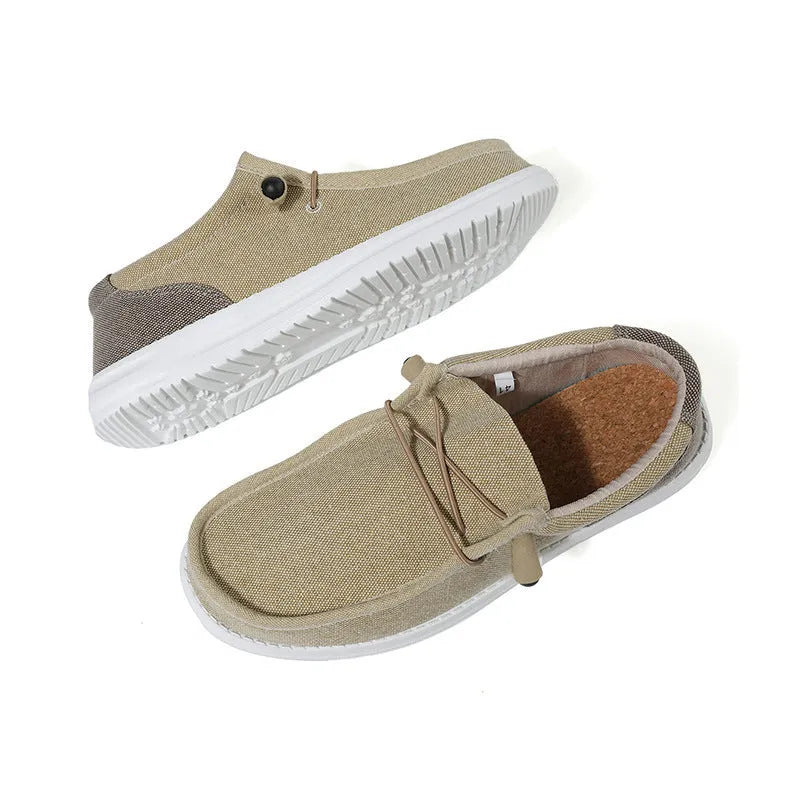 Men's green and orange canvas casual shoes with colourful mosaic design and round toe