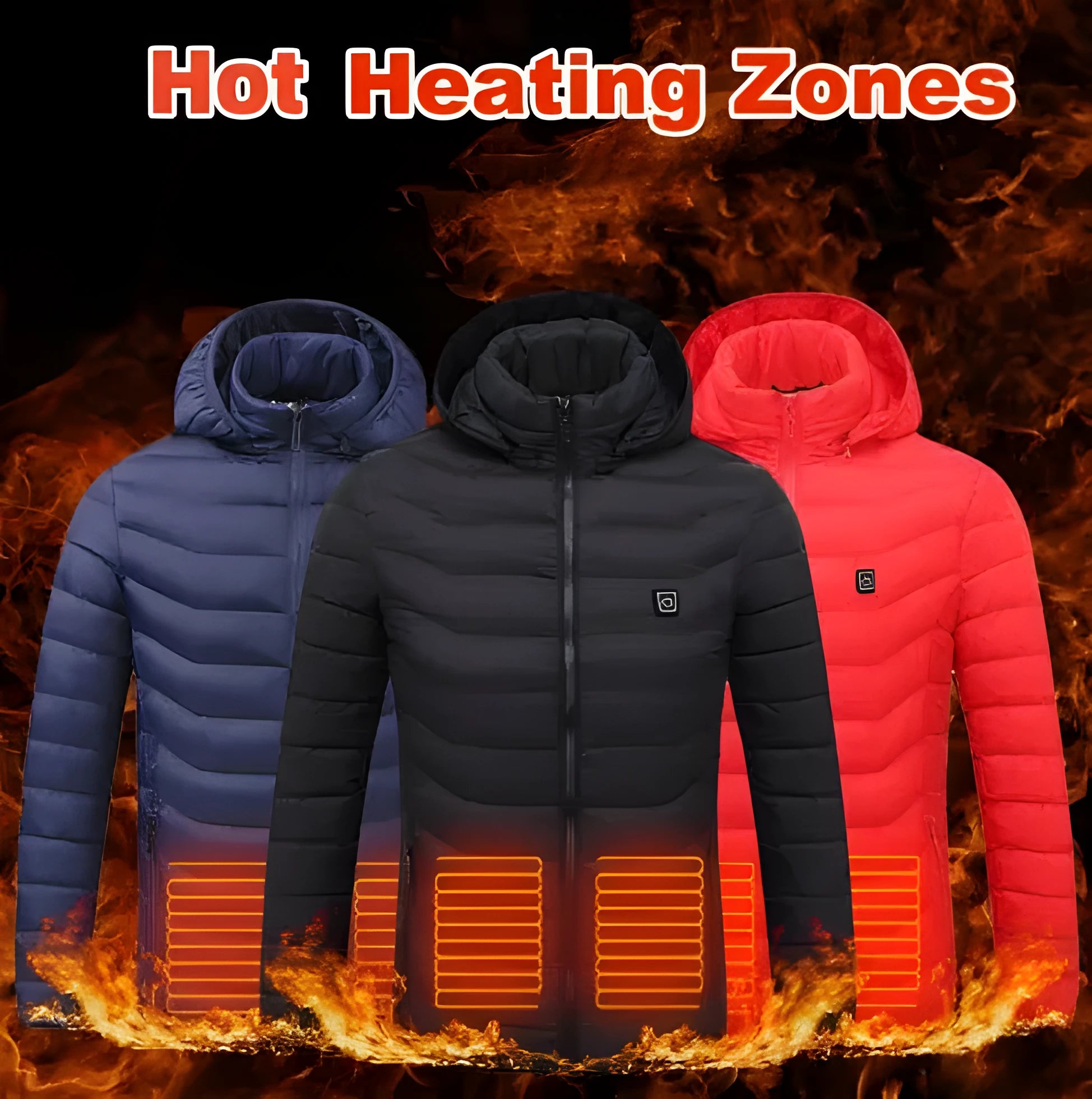 Men's USB electric heated jacket coat with removable hood, black zone 2, three heat settings