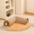 XL coffee and yellow plush 2-in-1 pet bed with a sleeping mat and attached tunnel, showing anti-slip base.