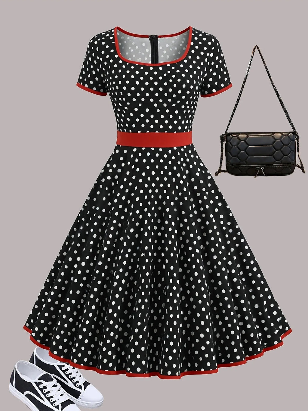 Multicolour polka dot dress with a square neckline, short sleeves, and a full pleated skirt with a back zip.