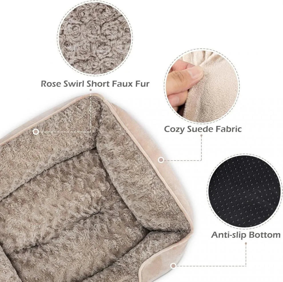 Beige plush kennel-style pet bed for dogs or cats, showing enclosed sides and soft cushioning.