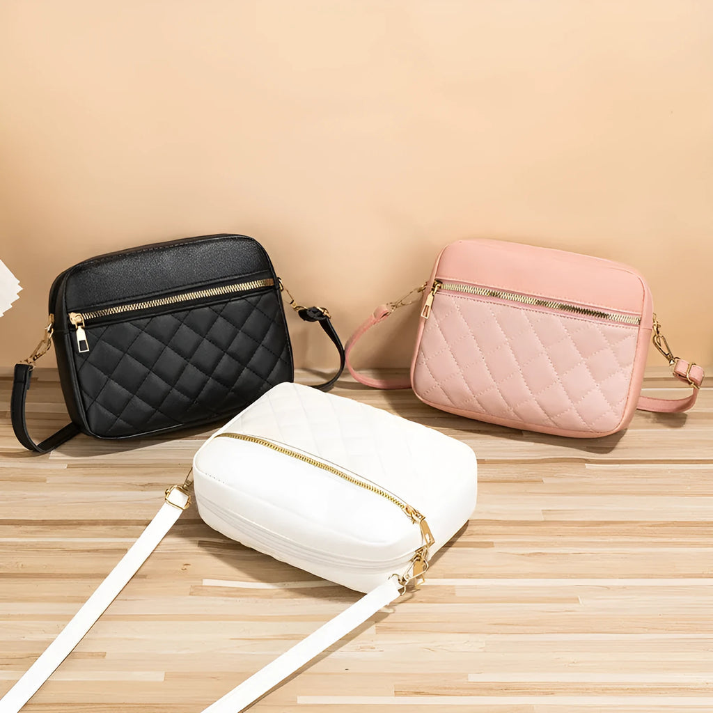 PU crossbody bag with diamond mesh stitching, horizontal square shape, available in white black or pink