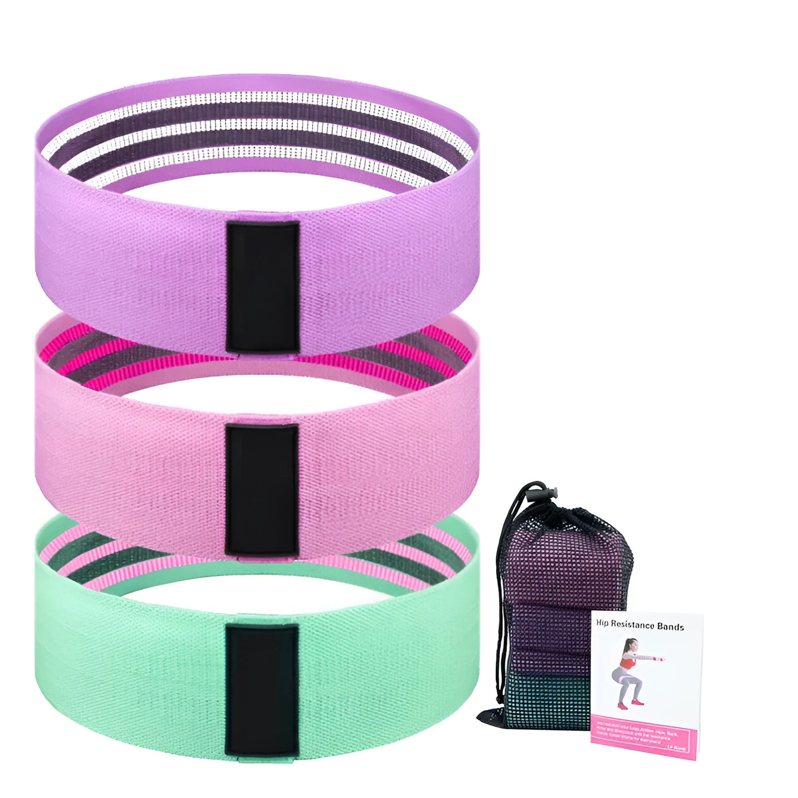 Set of three coloured fabric resistance bands (blue, pink, purple) and a mesh storage bag for fitness training.