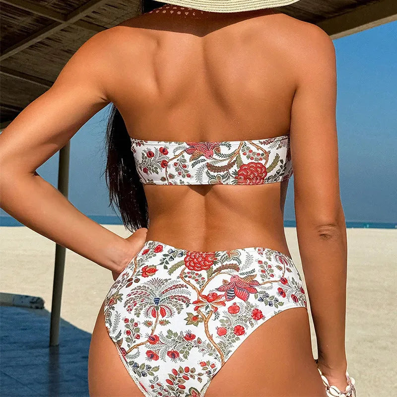Women's printed bandeau triangle swim top and matching shorts set on a neutral background.