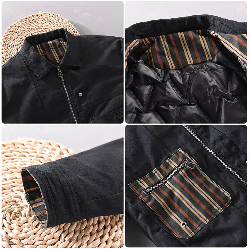 Men's black striped contrast jacket with zip front, cotton filling, side seam slip pockets, and straight hem.